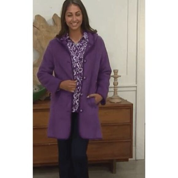 Denim & Co Womens 3X Hooded Fleece Coat Raspberry Waist Detail Pockets NWOT - Picture 2 of 6